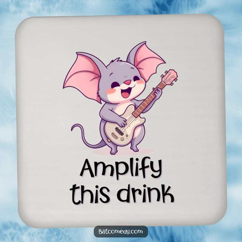 Funny drink coaster with a kawaii bat playing a guitar, perfect for protecting surfaces with a musical theme and cute charm.