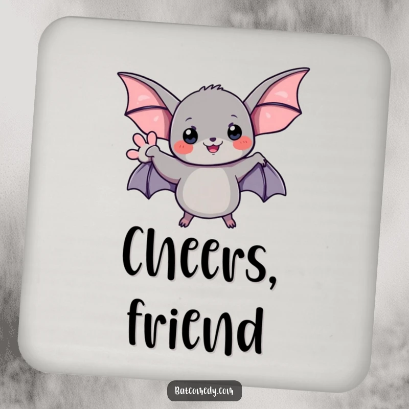 Funny drink coaster featuring a black bat with its wing in a friendly wave, protecting surfaces.