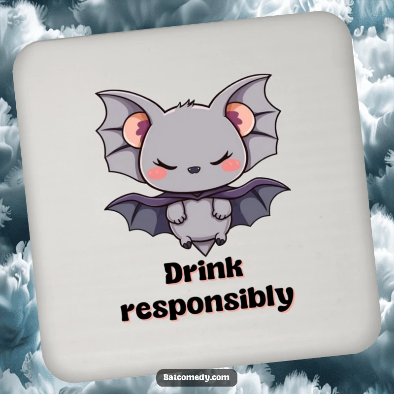 Funny drink coaster featuring a black bat with a tiny cape and a mischievous smirk, protecting surfaces.