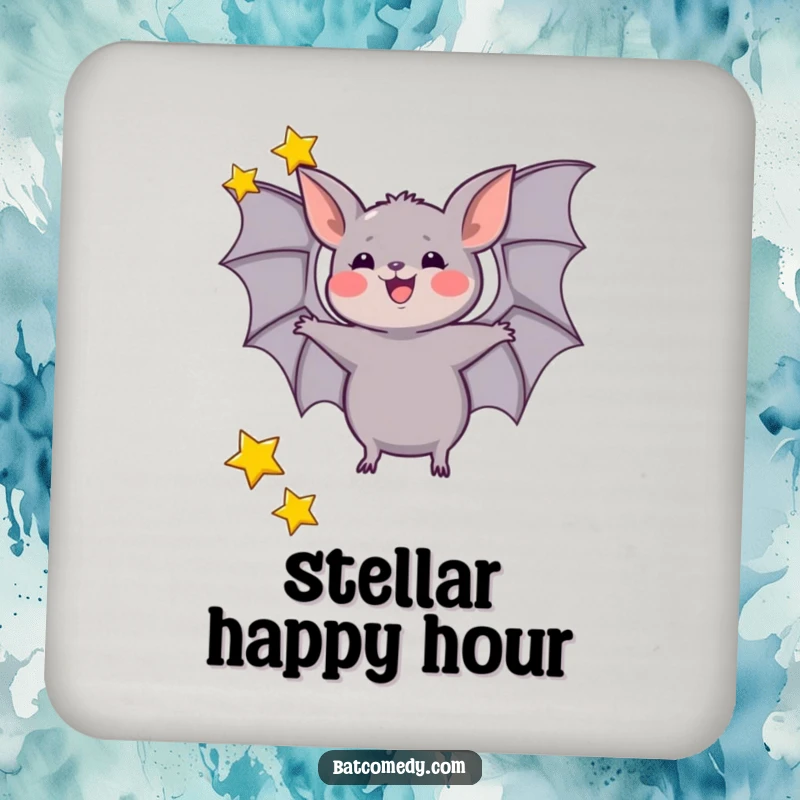 Funny coaster with a bat excitedly juggling three tiny stars with its wings, adding cosmic humor to surfaces.
