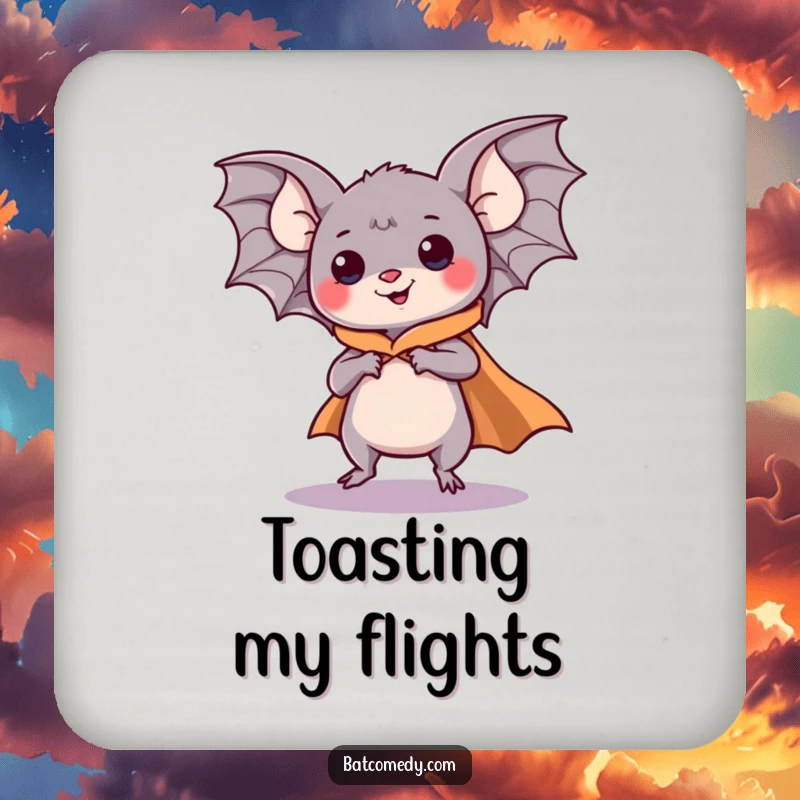 Funny kawaii bat wearing a cape and comically pretending to fly on a drink coaster, offering humorous surface protection.