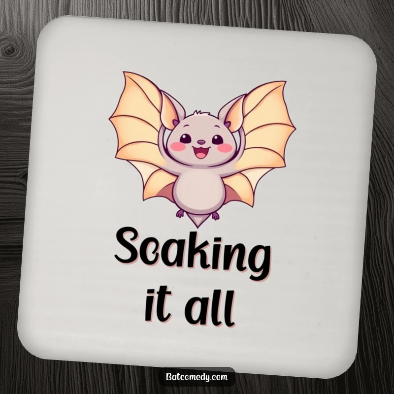 Funny kawaii bat drink coaster with a bat spreading its wings wide in delight, perfect for protecting furniture.