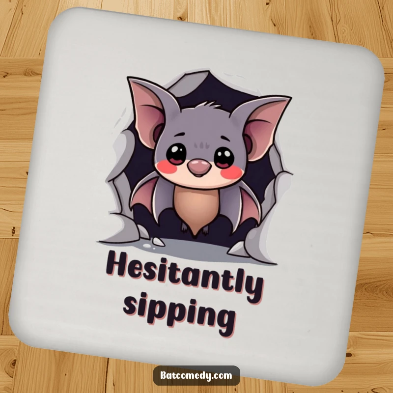 Funny drink coasters showing a shy bat peeking from a cave with a hesitant, sweet smile, adding gentle humor.