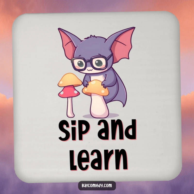 Funny spectacled bat coasters showing a bat in glasses looking at a glowing mushroom, adding a smart touch to tabletops.