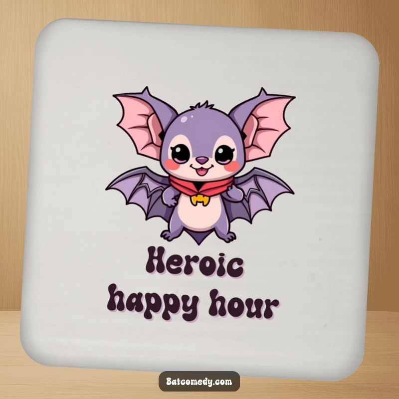 Funny drink coaster with a kawaii bat wearing a cape, ready for adventure, perfect for protecting surfaces with heroic charm.