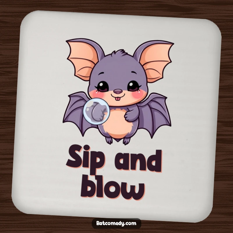 Funny kawaii bat drink coaster with a happy bat blowing a bubble, perfect for protecting surfaces from drinks.