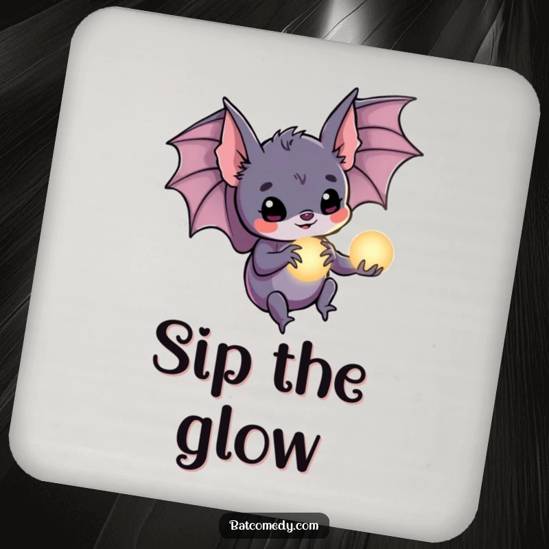 Funny bat coasters showing a bat holding a tiny glowing orb in its claws, adding a magical touch to tabletops.