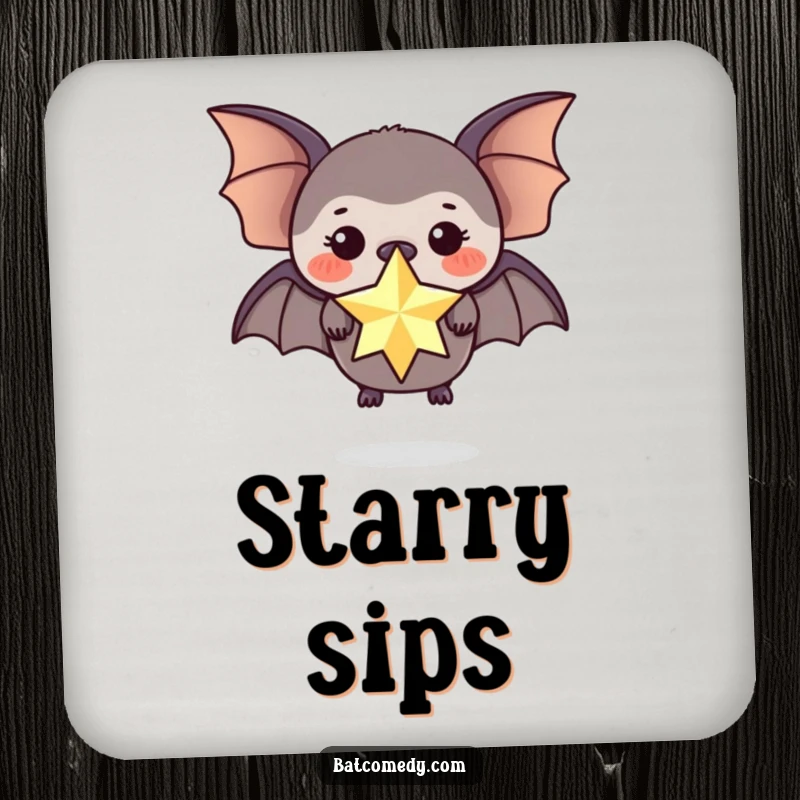 Funny drink coaster featuring a black bat balancing a sparkling star on its nose, protecting surfaces.