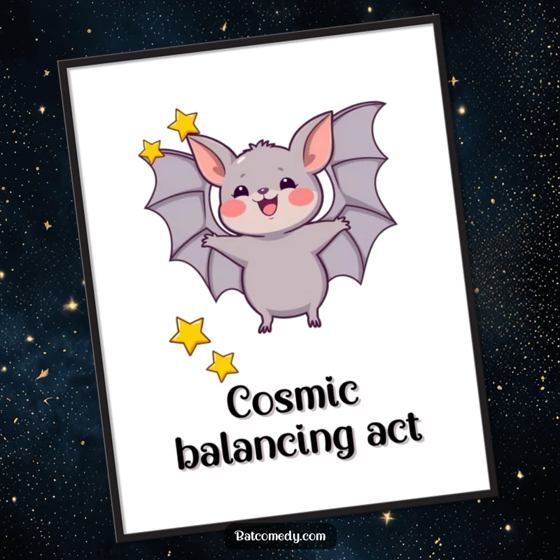 Funny poster art of a bat excitedly juggling three small stars with its wings, creating a whimsical celestial scene.