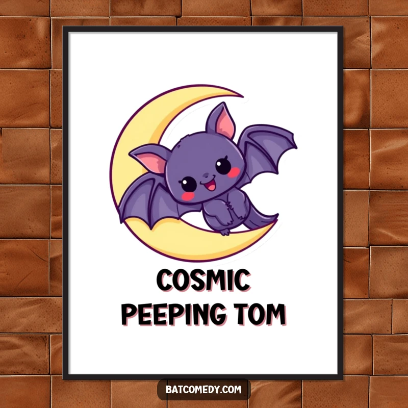 Funny poster print of a kawaii bat peeking with excitement from a crescent moon, perfect for adding a touch of magic to any wall.