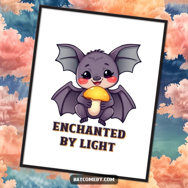 Funny poster art of a smiling bat marveling at a glowing mushroom, capturing a moment of enchanting discovery and magic.