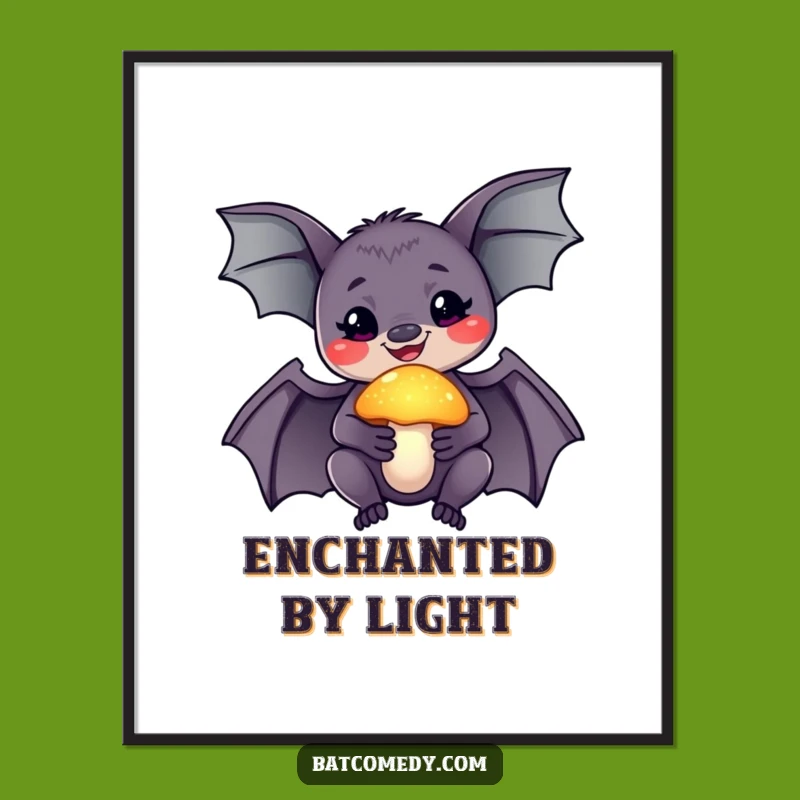 Funny Wonder Bat Poster, Glowing Mushroom Magical Art