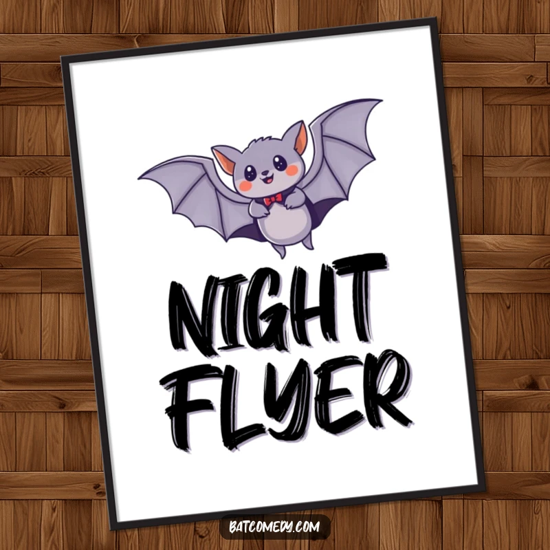 Funny poster art of a bat in a small cape, flying super fast across the night sky, representing speed and heroism.
