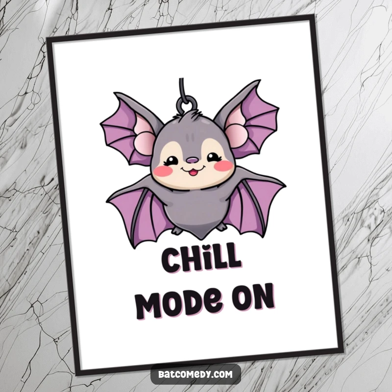 Funny kawaii bat with a large silly grin hanging upside down, depicted on a poster for humorous wall decoration.