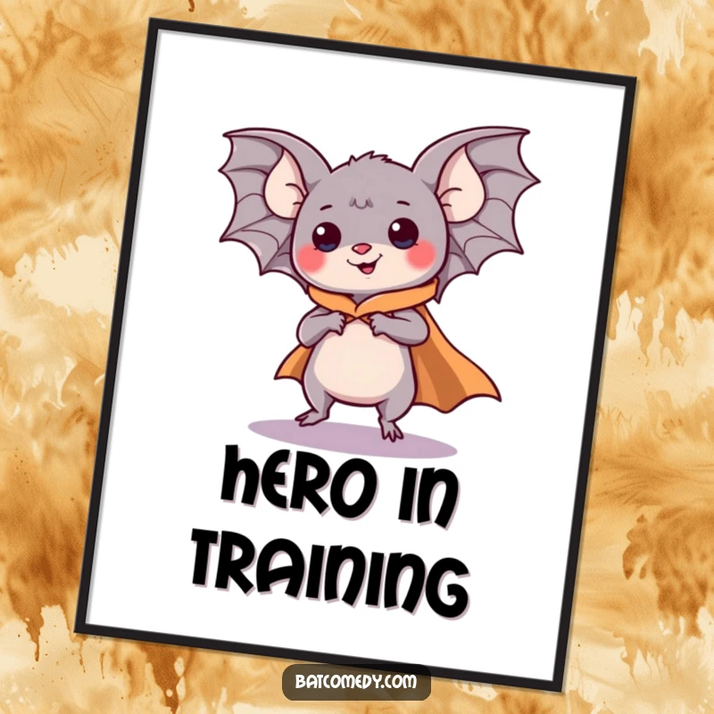 Funny kawaii bat wearing a cape and leaping as if flying, depicted on a poster for humorous superhero wall art.