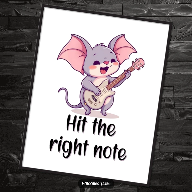Funny poster print of a kawaii bat enthusiastically playing a small guitar, embodying a rock star persona, perfect for music-themed decor.
