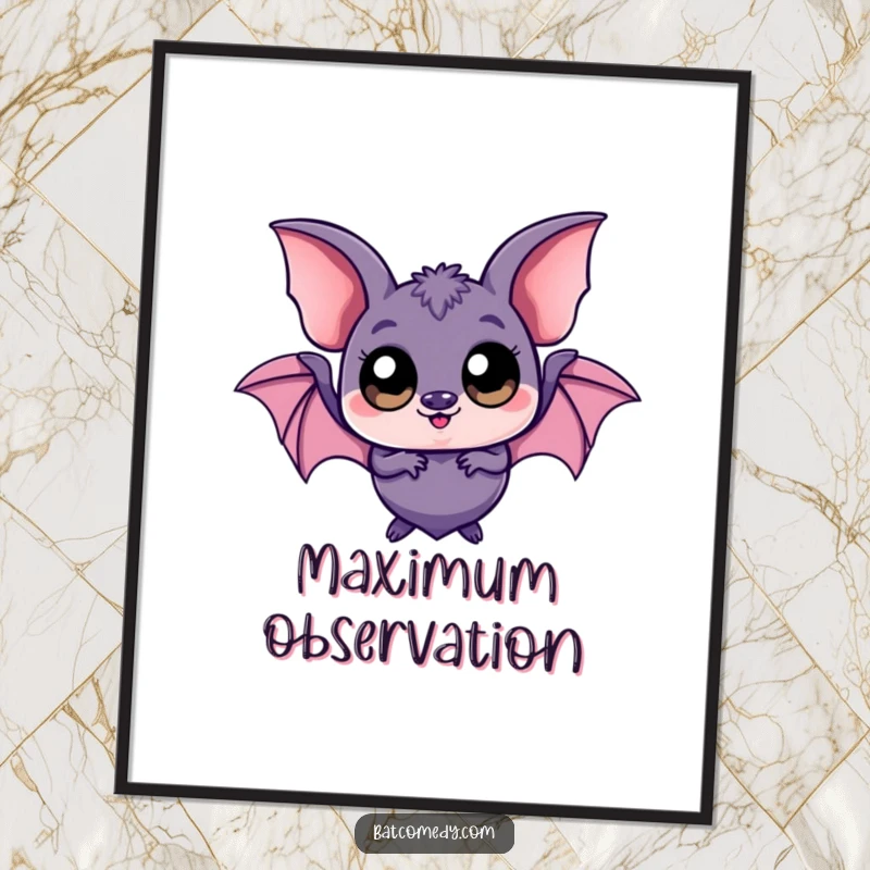 Funny kawaii bat poster showcasing a cute bat with very large, round eyes, exuding a playful and curious demeanor.