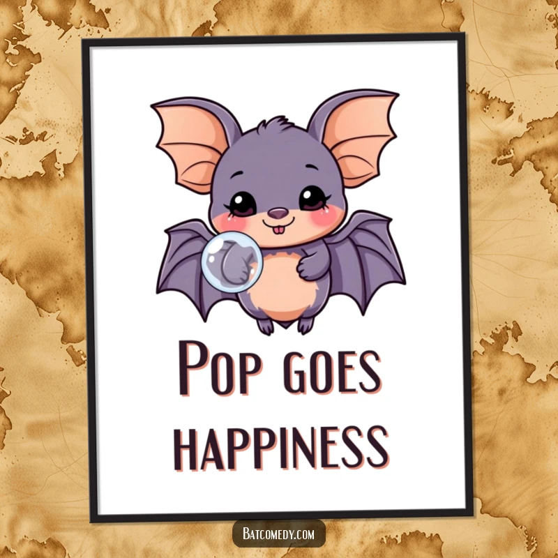 Funny kawaii bat poster showing a happy bat mid-bubble blow, exuding positivity and lighthearted fun.