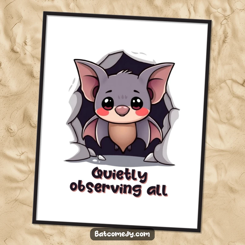 Funny poster art of a shy bat peeking from its cave with a hesitant, sweet smile, perfect for gentle, humorous decor.