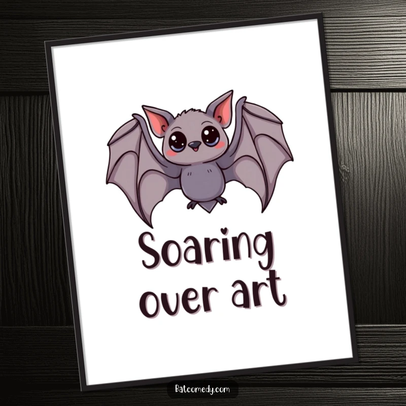 Funny bat poster illustrating a bat with wide, inquisitive eyes, soaring gracefully with its wings fully extended in flight.