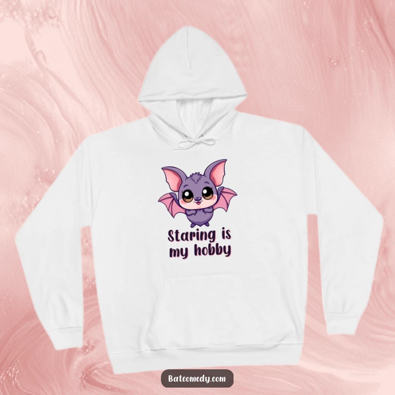 Funny kawaii bat hoodie designed with a playful bat character sporting very large, expressive eyes, ideal for casual wear.