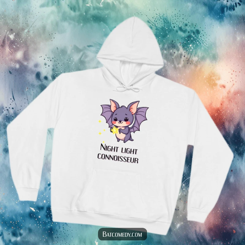 Funny kawaii bat hoodie with a sweet bat holding a luminescent firefly, radiating a sense of awe and warmth.
