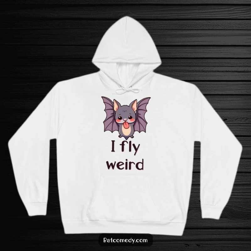 Funny hoodie with a cute bat hanging upside down, tongue sticking out playfully, offering cozy humor and adorable charm.