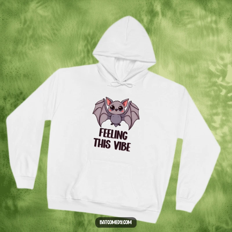 Funny bat hoodie featuring an adorable bat with curious, wide eyes, depicted in a graceful swooping posture with wings spread.