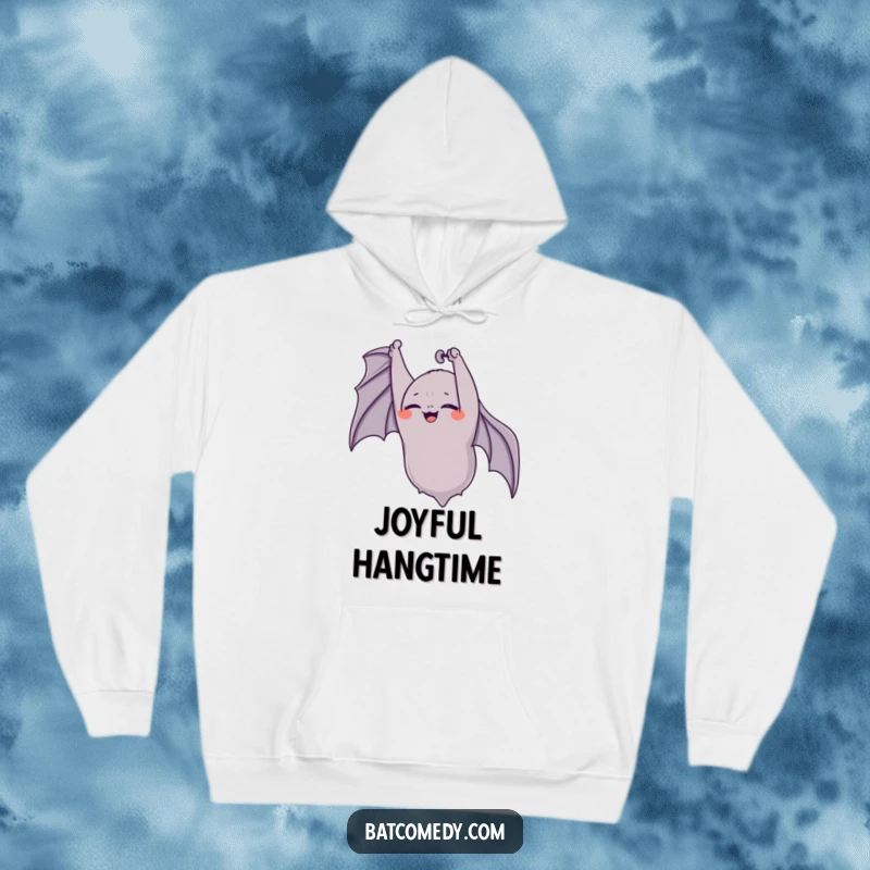 Funny bat hoodie featuring an upside-down bat giggling with its eyes closed, radiating pure happiness and comfort.