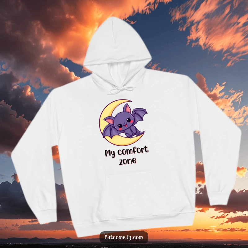 Funny hoodie with a cute kawaii bat peeking from a moon, looking full of excitement, perfect for cozy nights and fantasy enthusiasts.