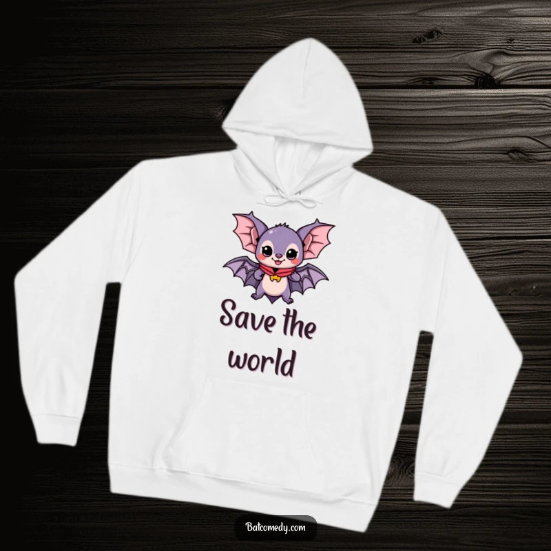 Funny hoodie featuring a determined kawaii bat with a cape, ready for exciting adventures, perfect for cozying up after a heroic day.