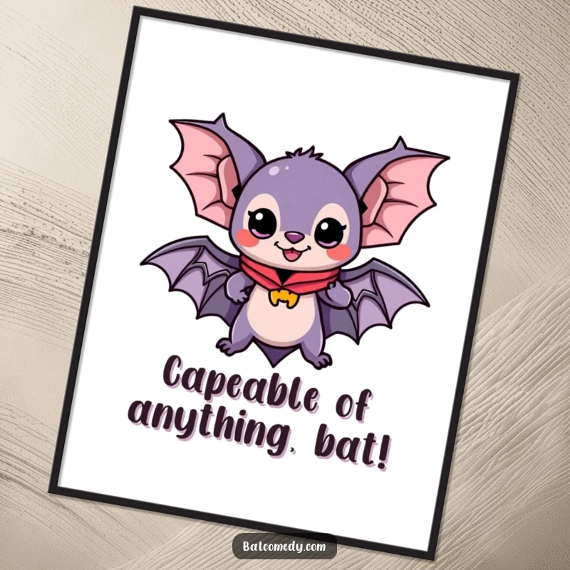 Funny Free Printable Wall Art: A cute kawaii bat wearing a superhero cape, poised for an epic adventure.