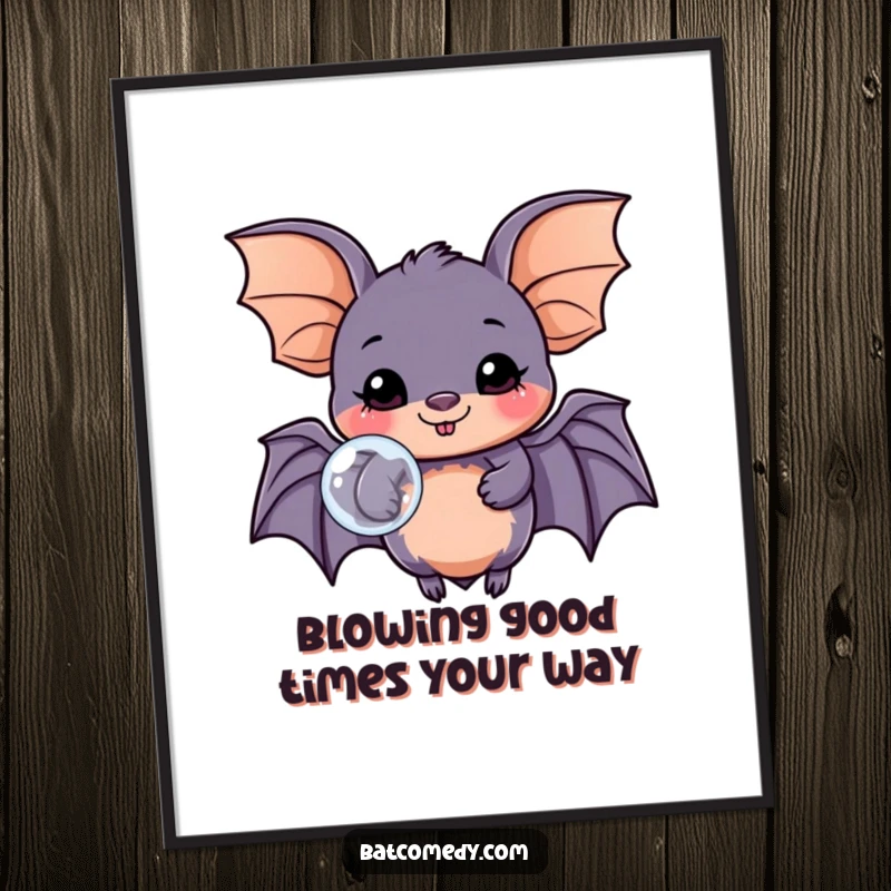 Funny Free Printable Wall Art: A happy kawaii bat with a wide smile blows a large, iridescent bubble, bringing whimsical energy.