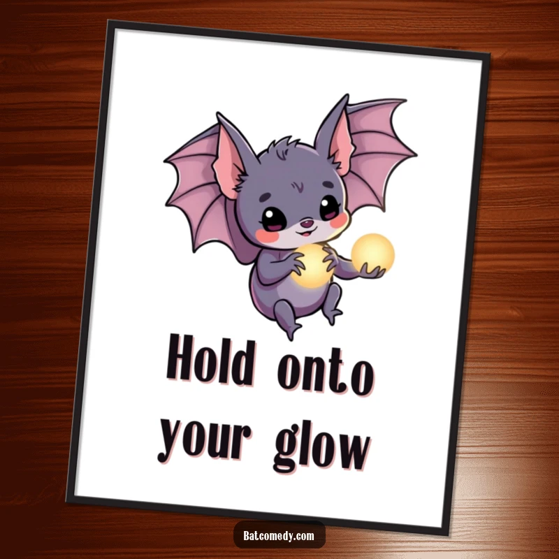 Funny Free Printable Wall Art: A bat gently holds a tiny glowing orb in its claws, casting a soft, ethereal light.