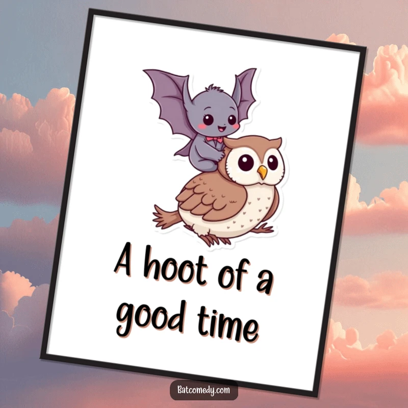 Funny Free Printable Wall Art: A bat giggling on an owl's back, a whimsical downloadable art piece.
