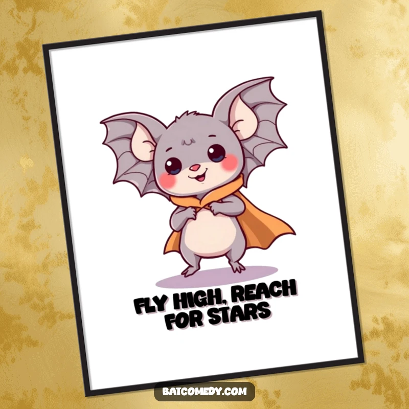 Funny Free Printable Wall Art: A determined kawaii bat wearing a cape strikes a flying pose, ready to bring heroic charm to your space.