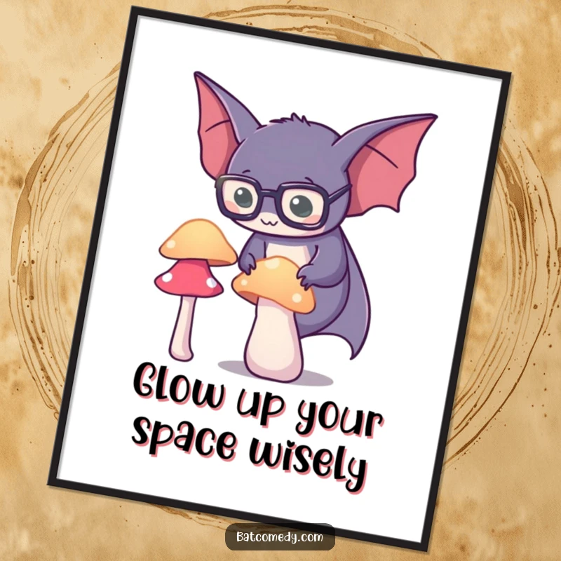 Funny Free Printable Wall Art: A bat wearing tiny spectacles peers intently at a softly glowing mushroom, creating a scene of magical discovery.