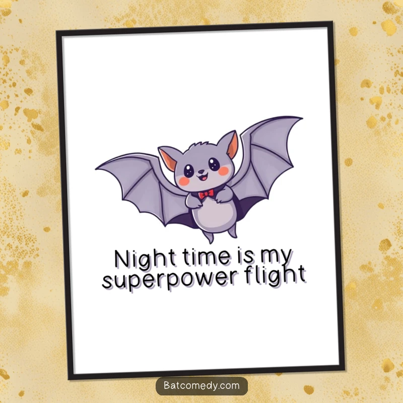 Funny Free Printable Wall Art of a bat in a tiny cape soaring swiftly through the starry night sky.