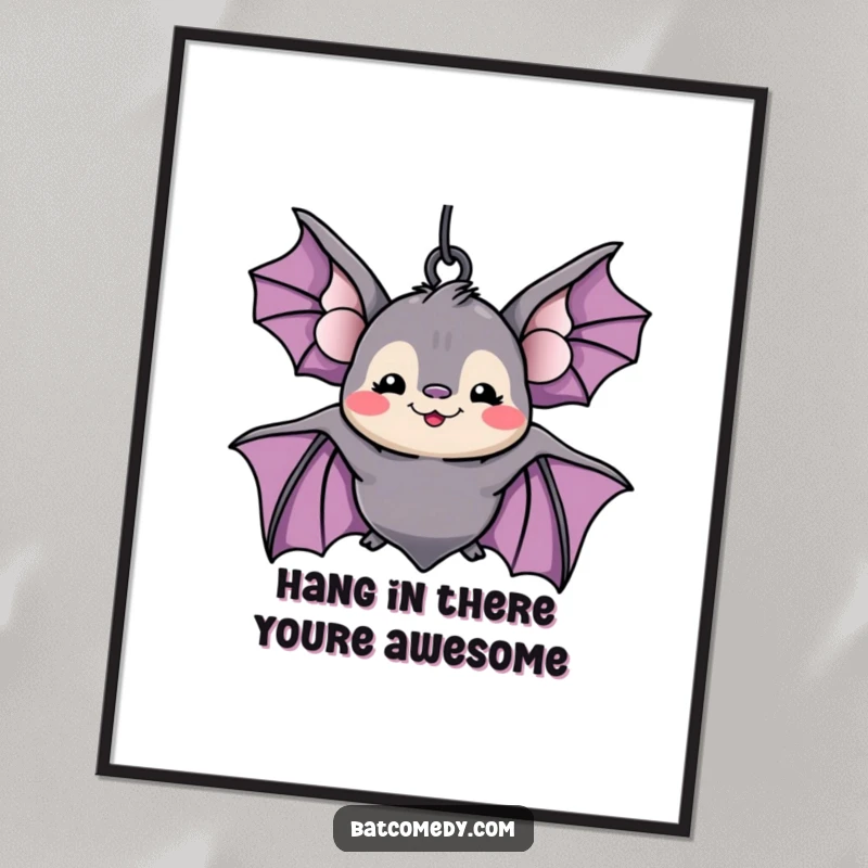 Funny Free Printable Wall Art: A cute kawaii bat hangs upside down, sporting a wide, hilarious grin that’s sure to amuse.