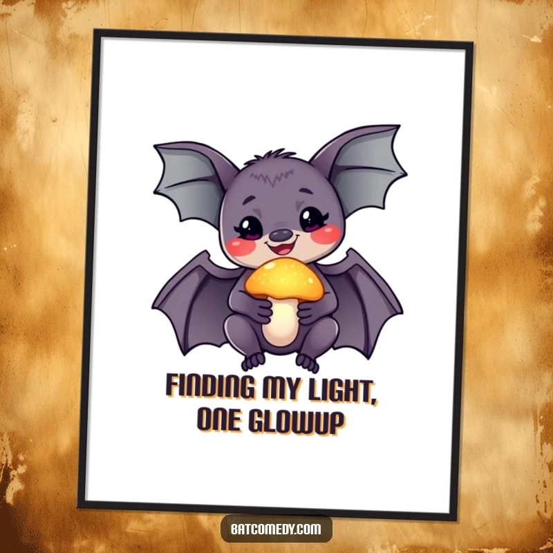 Funny Free Printable Wall Art of a smiling bat holding a glowing mushroom, radiating awe and enchantment.
