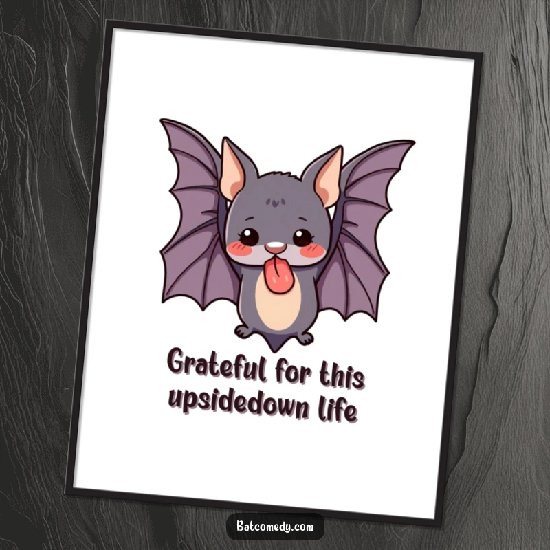 Funny Free Printable Wall Art of a cute bat hanging upside down, tongue sticking out, bringing quirky vibes.