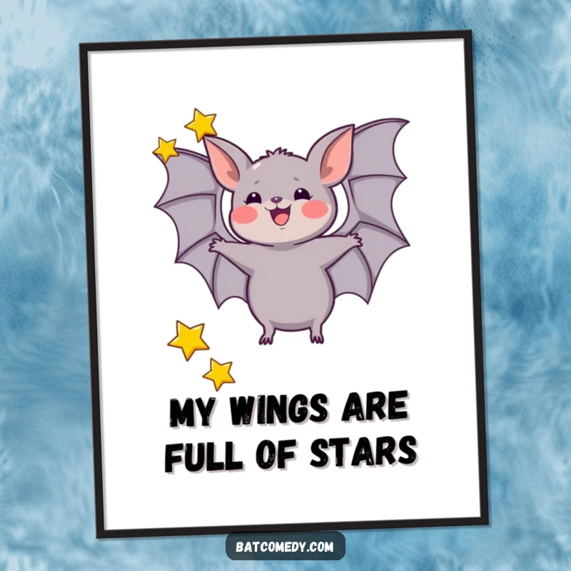 Funny Free Printable Wall Art of a bat skillfully juggling three tiny, twinkling stars with its wings.