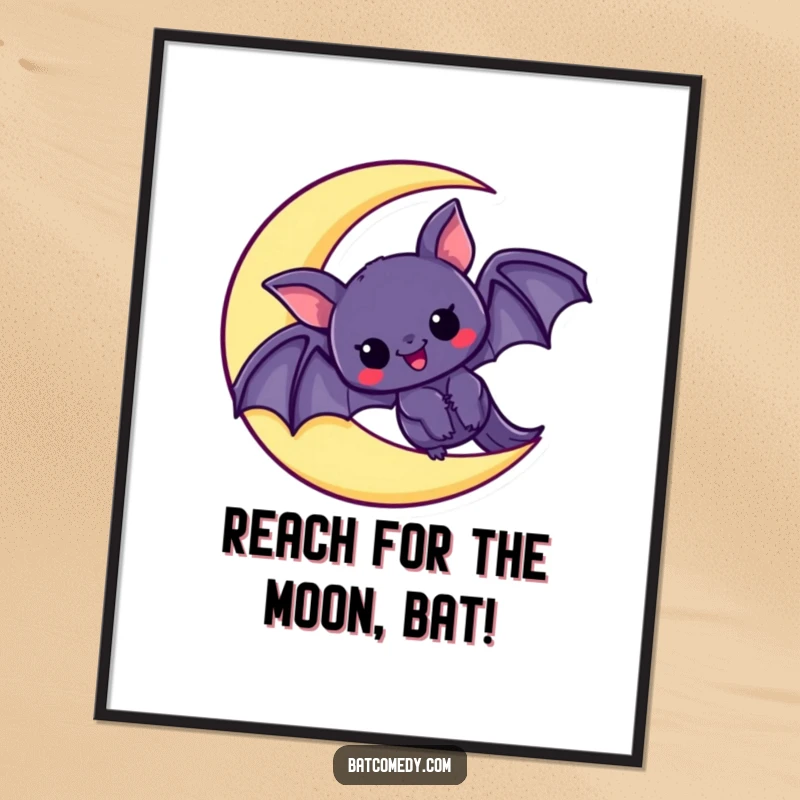 Funny Free Printable Wall Art: A kawaii bat peeking with excitement from a crescent moon in a starry night sky.