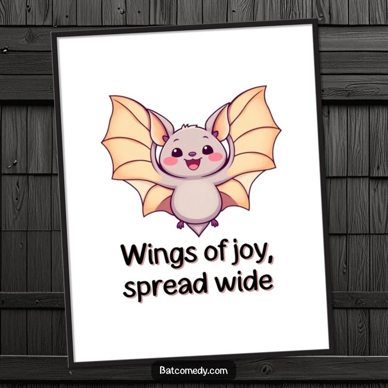 Funny Free Printable Wall Art: A kawaii bat joyfully spreads its wings wide, conveying a feeling of pure delight and freedom.