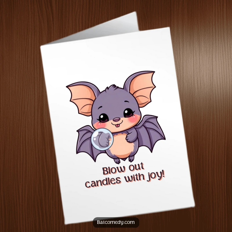 Funny Free Printable Birthday Card: A happy kawaii bat with a big smile blows a large, shimmering bubble, celebrating joyfully.