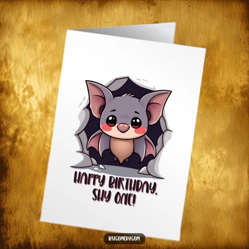 Funny Free Printable Birthday Card: Shy bat peeking from cave with sweet smile, a heartwarming downloadable gift.