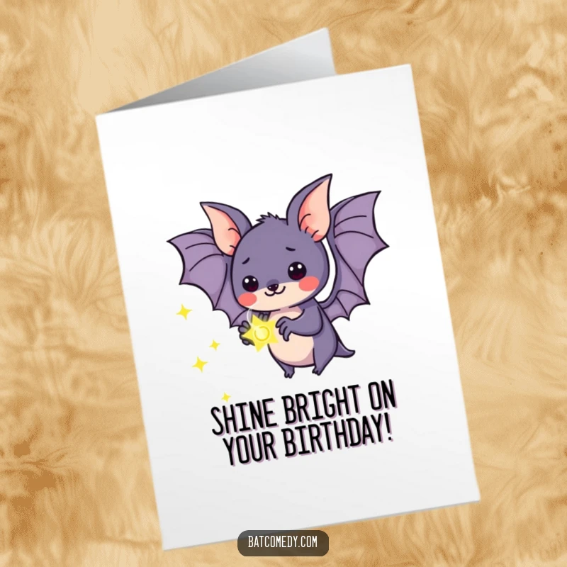 Funny Free Printable Birthday Card: Kawaii bat gazing with wide-eyed wonder at a tiny, brightly glowing firefly in the dark.