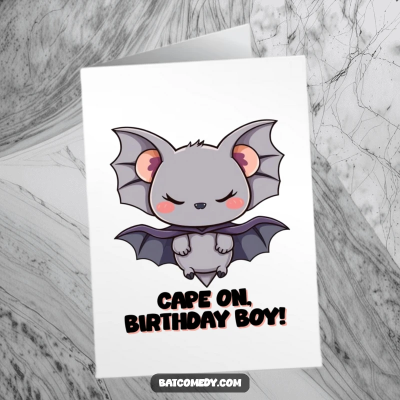 Funny Free Printable Birthday Card: A bat with a mischievous smirk in a tiny cape, ready for mischief.