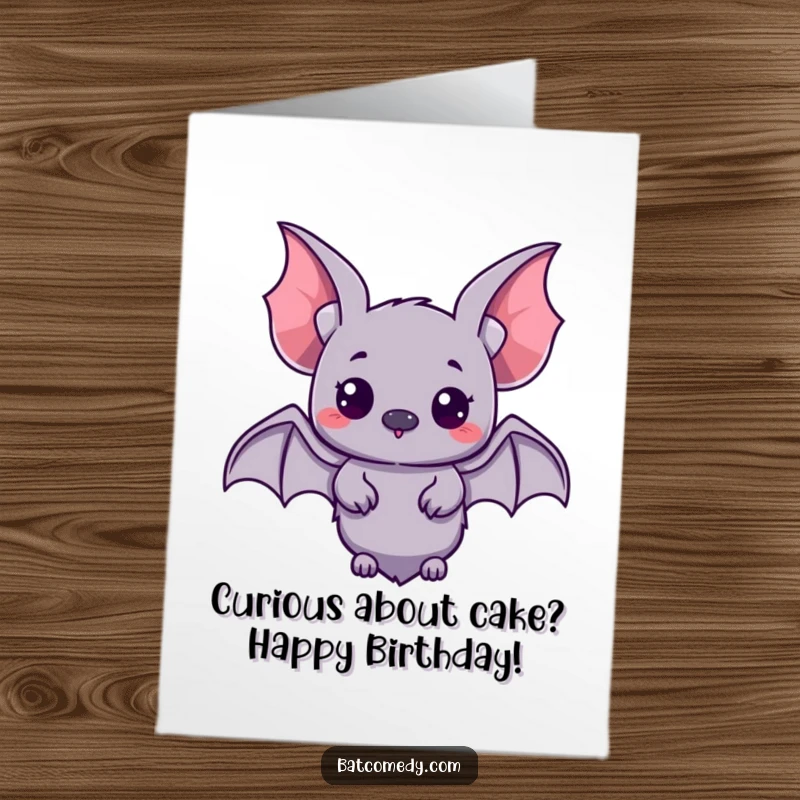Funny Free Printable Birthday Card: A small-winged kawaii bat looks around with wide, curious eyes, ready to discover birthday fun.