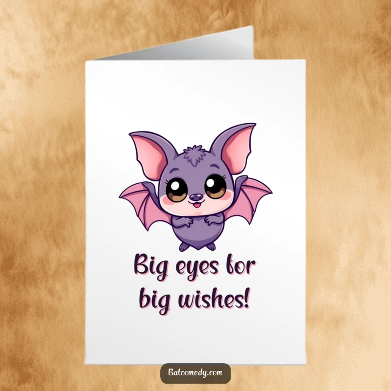 Funny Free Printable Birthday Card: A kawaii bat with comically oversized eyes beams playfully, ready for birthday mischief.